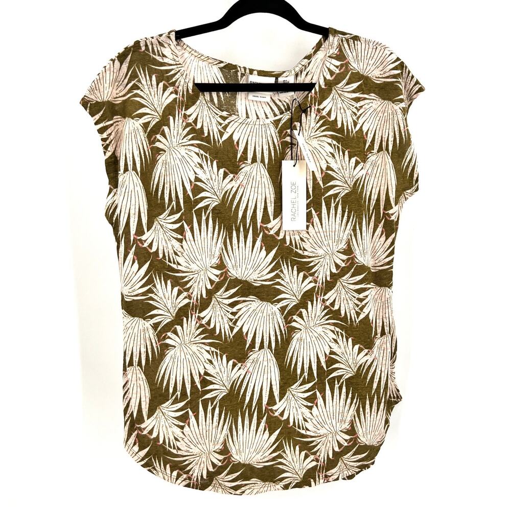 Rachel Zoe Womens Linen Top L NWT Green Ivory Sustainable Natural Resort Minimal